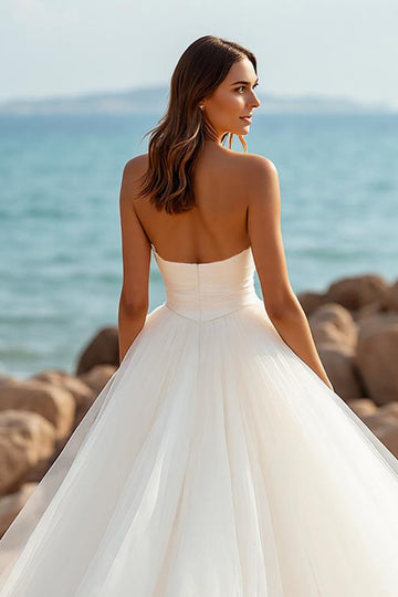 Court Train Tulle A Line Sweetheart Ivory Wedding Dress